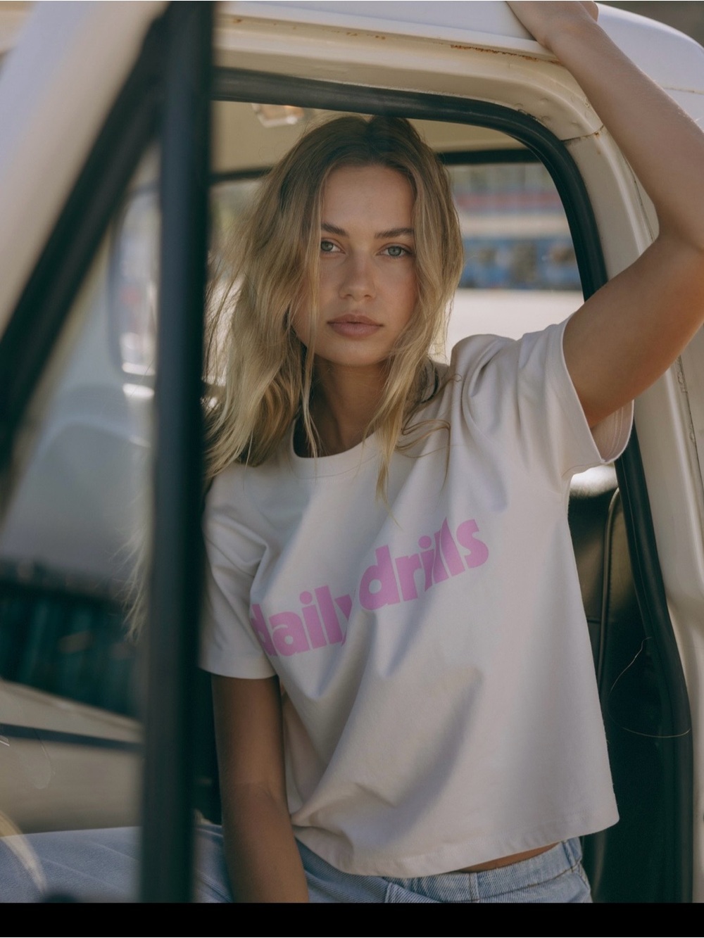 Daily Drills Cream Boxy Tee with Pink Logo - Women